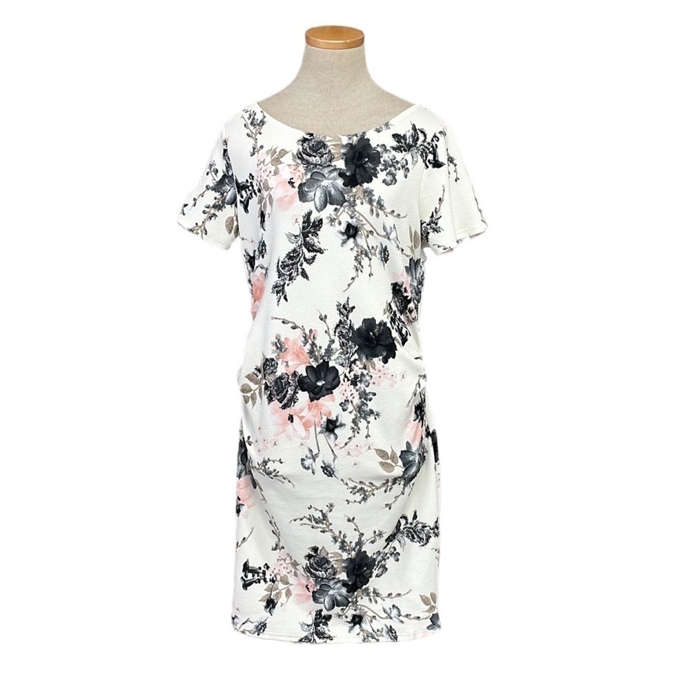 Pink Blush Dress Midi Short Sleeve Pink Black White Floral Size Large L